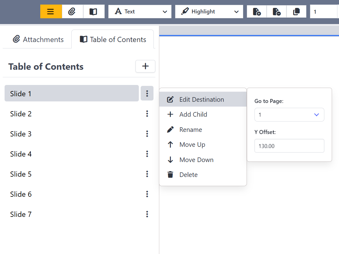 Edit Table of Contents Item Action Menu
