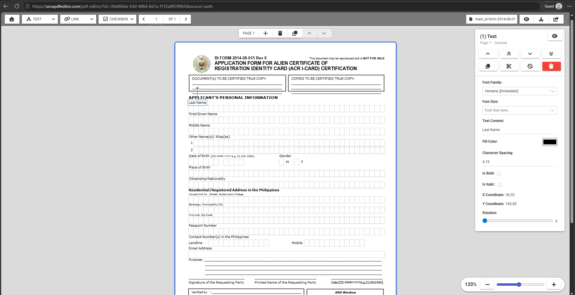 Government PDF form loaded in the Edit PDF tool