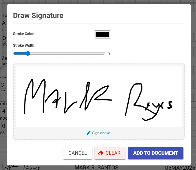 Draw Signature dialog with a handwritten signature