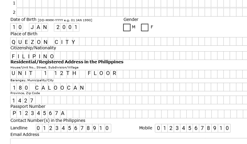 All form fields filled including date of birth, address, and contact information